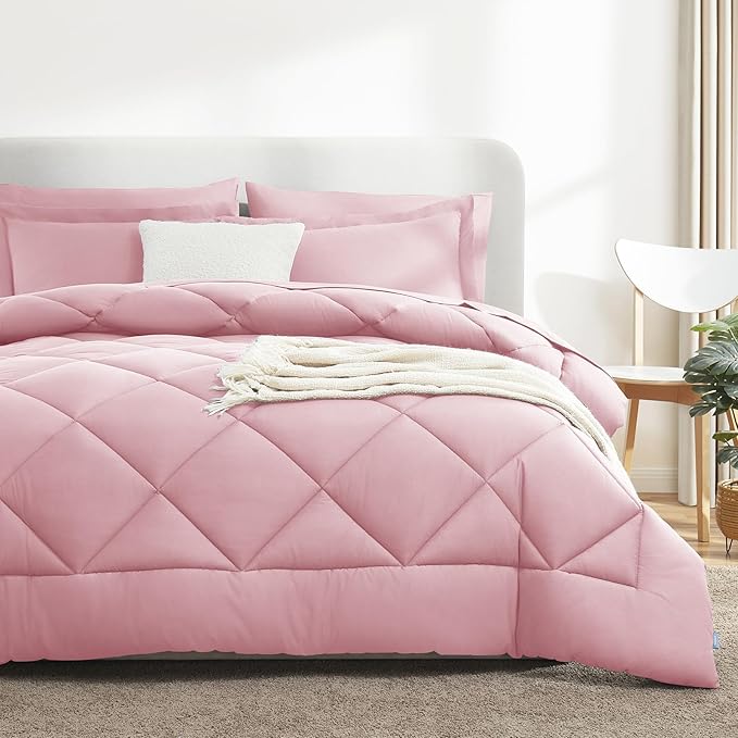 CozyLux Queen Comforter Set Pink - Bed in a Bag Queen Size 7 Pieces, Luxury Soft Bed Set for All Seasons, Bedding Set with Down Alternative Comforter, Sheets, Pillowcases & Shams