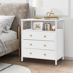 3 Wooden Drawers Nightstand, 27 Inch Wide Night Stand Set 2 with Charging Station and Adjustable Drawers, Small Dresser for Closet, Bedside Table for Living Room/Bedroom/Office, White.
