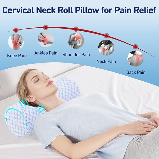 Neck Roll Pillow with Cooling Pillowcase - 16 x 6.3 Inch Round Neck Pillow for Sleeping - Memory Foam Bolster Pillow for Legs, Cylinder Pillows for Cervical, Back, Lumbar (Cool Blue)