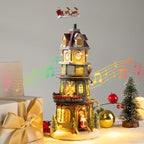 Christmas Collectible Buildings - LED Lit Bell Tower, Musical Village Houses with USB Indoor Display Figurines