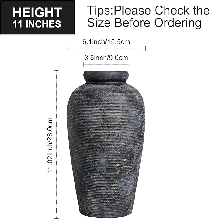 Rustic Vase, 11 inch Large Terracotta Flower Vase, Farmhouse Ceramic Pottery, Distressed Farmhouse Decor for Living Room, Shelf, Entryway, Room Decor, Black Bronze