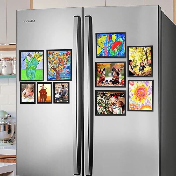 CRUGLA 8x10 Magnetic Picture Frames for Refrigerator 12 Packs, Modified Magnetic Sheet with Self Adhesive Backing, Black 8 by 10 Magnetic Photo Craft Frame Set for Glass Window Door Cubicle