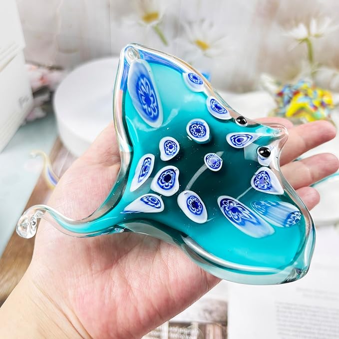 Crystal Devil Fish Figurine Hand Blown Glass Manta Ray Statue Collectibles Ocean Art Sea Animal Home Table Decor Gift Green 4.7''