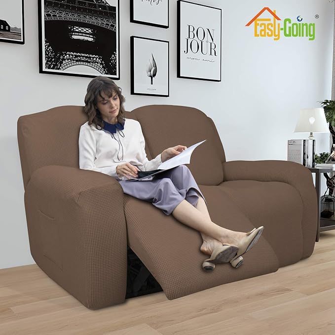 Easy-Going 6 Pieces Recliner Loveseat Stretch Sofa Slipcover Sofa Cover Furniture Protector Couch Soft with Elastic Bottom Kids, Spandex Jacquard Fabric Small Checks Brown