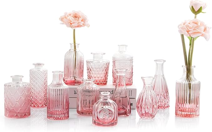 Pink Glass Bud Vases Set of 12, Vintage Mini Vases for Centerpieces, Glass Bud Vase in Bulk for Wedding Decor, Single Flowers, Office and Home Table Flower Décor