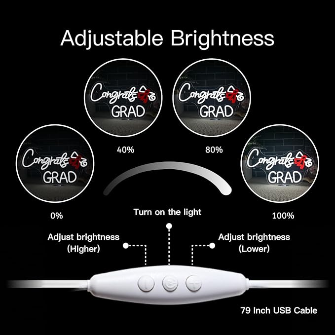 WLHOPE Congrats Grad Neon Sign with Scroll 16.54'' x 9.45'' Graduation Decorations 2025 Adjustable White Red LED lights for Party College High School Class Graduation Gifts