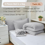 MUXHOMO 5 Pieces Twin XL Comforter Set, Seersucker Bed in a Bag Twin XL Size, All Season Luxury Bedding Set with Comforter, Flat Sheet, Fitted Sheet, Pillowcase & Sham, Light Grey