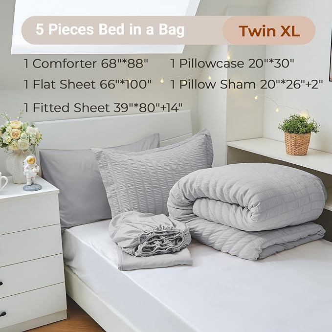 MUXHOMO 5 Pieces Twin XL Comforter Set, Seersucker Bed in a Bag Twin XL Size, All Season Luxury Bedding Set with Comforter, Flat Sheet, Fitted Sheet, Pillowcase & Sham, Light Grey