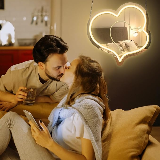 Warm White Heart Acrylic Mirror Neon Signs,Dimmable Heart Shaped Mirror with Neon LED Lights,USB Powered Neon Sign Wall Decor Art Neon Light For bedroom,Family,Wedding,Bar,Party Decor
