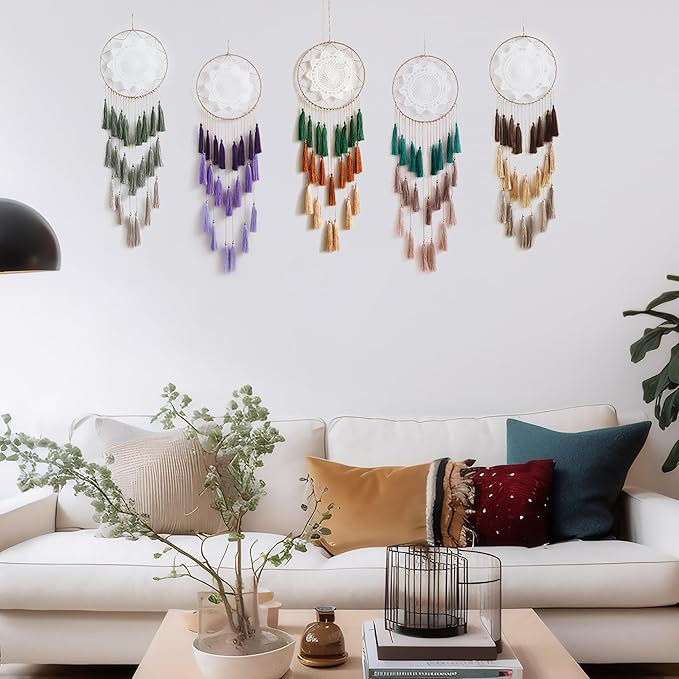 Artilady Macrame Dream Catchers for Bedroom - Tassel Wall Hanging Handmade Dreamcatchers Home Decor with Tassel Feather Ornament Craft Blessing Gift (Purple)