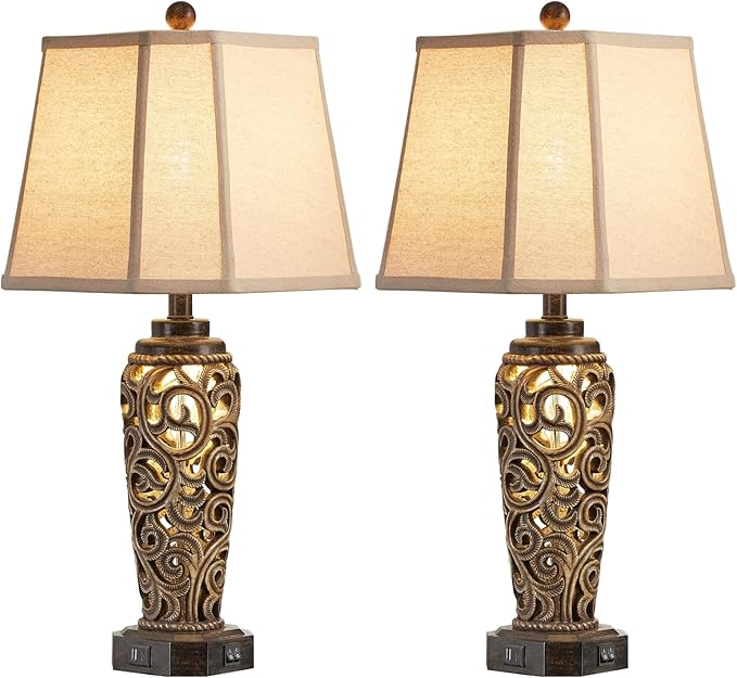 27" Set of 2 Farmhouse Table Lamps for Living Room with USB A+C Ports, Vintage Nightstand Bedroom Lamp and Nightlight, Hollow Out Resin Desk Lamps, 2 Bulbs Include