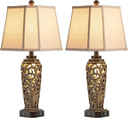 27" Set of 2 Farmhouse Table Lamps for Living Room with USB A+C Ports, Vintage Nightstand Bedroom Lamp and Nightlight, Hollow Out Resin Desk Lamps, 2 Bulbs Include