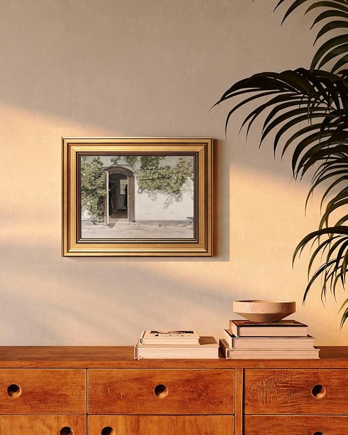 HUARCEY Gold Framed Vintage Wall Art Vineman Climbing The Walls Farmhouse Wall Decor Opening Door Oil Painting Picture Canvas Print Art Home Decor Aesthetic for Bedroom Bathroom Office 8x10in