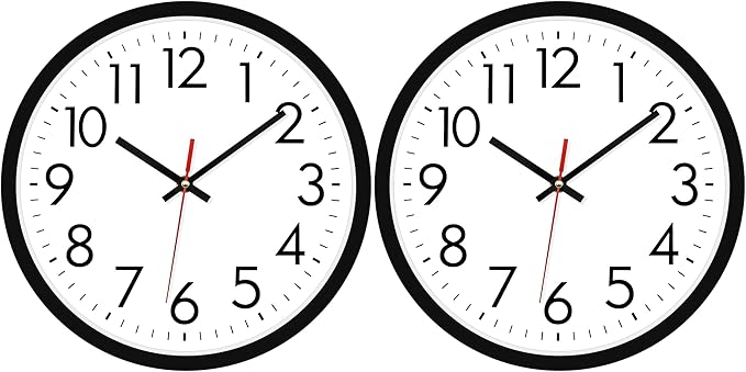 Lumuasky 2 Pack Black Wall Clock,12 Inch Silent Non Ticking Quartz Battery Operated Round Analog Classic Clock for Classroom School Office Living Room Bedroom Home
