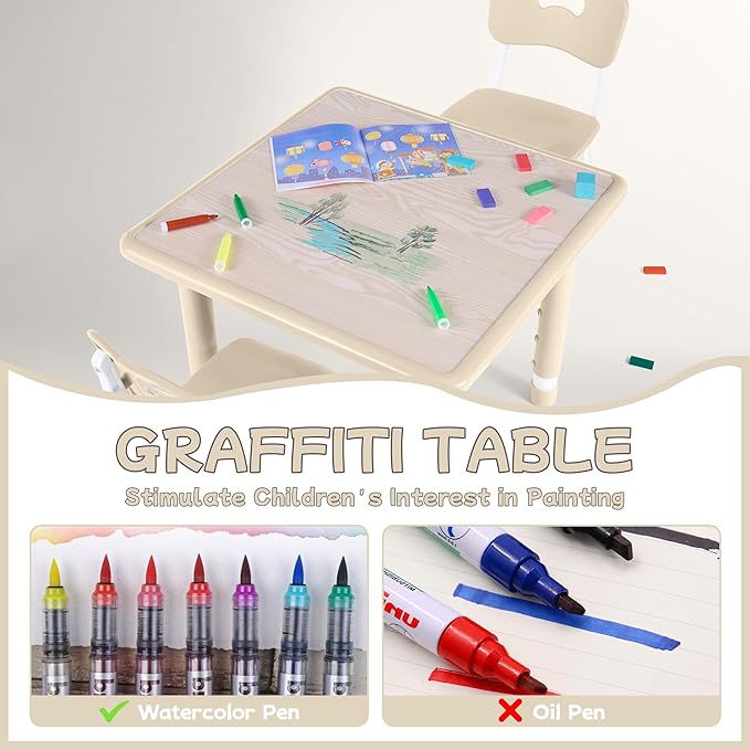 Toddler Table and Chair Set, Height Adjustable-Upgrade Kids Table and 2 Chairs for Ages 3-8, Multi-Activity Toddler Play Table with Graffiti Desktop for Home/Daycare/Classroom