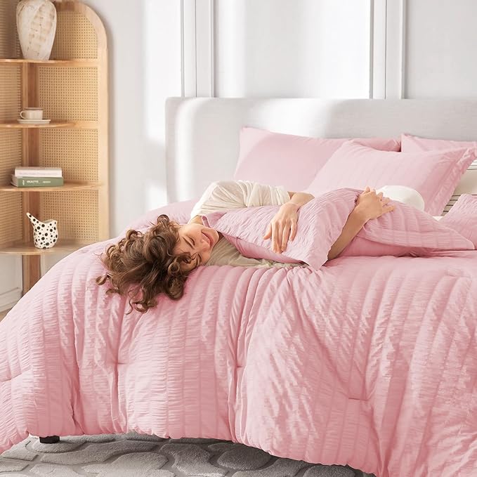 MUXHOMO 5 Pieces Twin XL Comforter Set, Seersucker Bed in a Bag Twin XL Size, All Season Luxury Bedding Set with Comforter, Flat Sheet, Fitted Sheet, Pillowcase & Sham, Pink