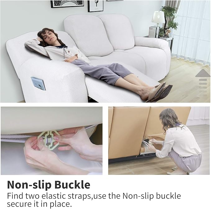 Easy-Going 8 Pieces Recliner Sofa Stretch Sofa Slipcover Sofa Cover Furniture Protector Couch Soft with Elastic Bottom Kids, Spandex Jacquard Fabric Small Checks Snow White