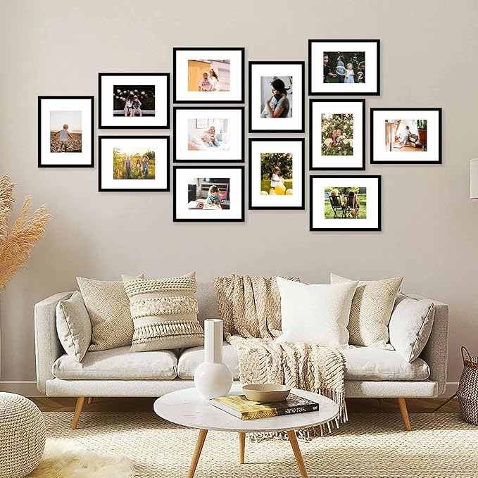 12 Packs 9x12 Picture Frames, Display 6x8 with Mat or 9x12 Without Mat, Gallery Wall Frame Set, 9 by 12 Frames Bulk Set of 12 Collage Wall Decor Photo Frames Set for Wall and Tabletop, Black