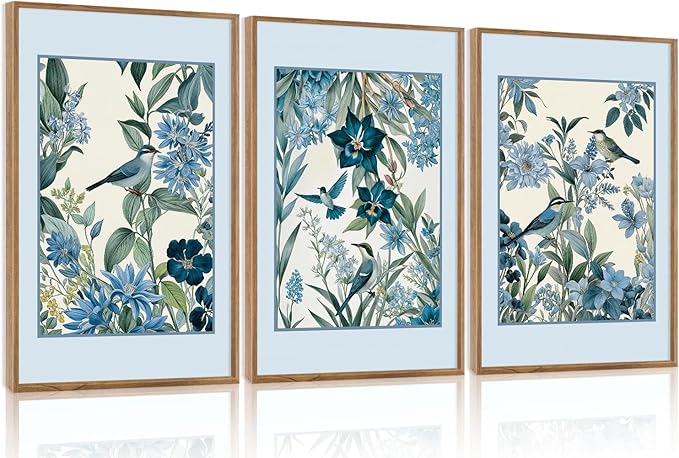 Aurlan Vintage Blue Birds and Botanical Framed Wall Art(24"x36"), 3PCS Classic Chinoiserie Audubon Bird Canvas Artwork, Large Abstract Watercolor Flowers Floral Home Decor for Bedroom Living Room
