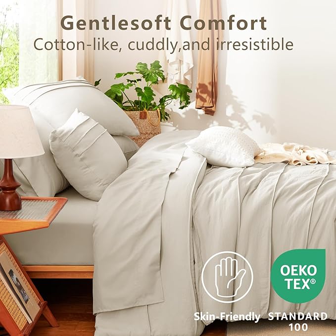 CozyLux Full Size Comforter Sets Beige, 7 Pieces Soft Pinch Pleat Bed in a Bag Full Comforter Set with Sheets, Boho Bed Set with Down Alternative Comforter, Sheets, Pillowcases & Shams