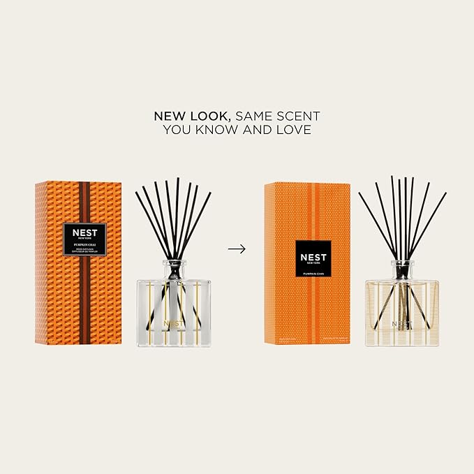 NEST New York Reed Diffuser, Pumpkin Chai - 5.9 fl oz - Fragrance for Up to 90 Days - Reusable, Refillable Glass Holder - Includes 8 All-Natural Reed Sticks - Flame Free