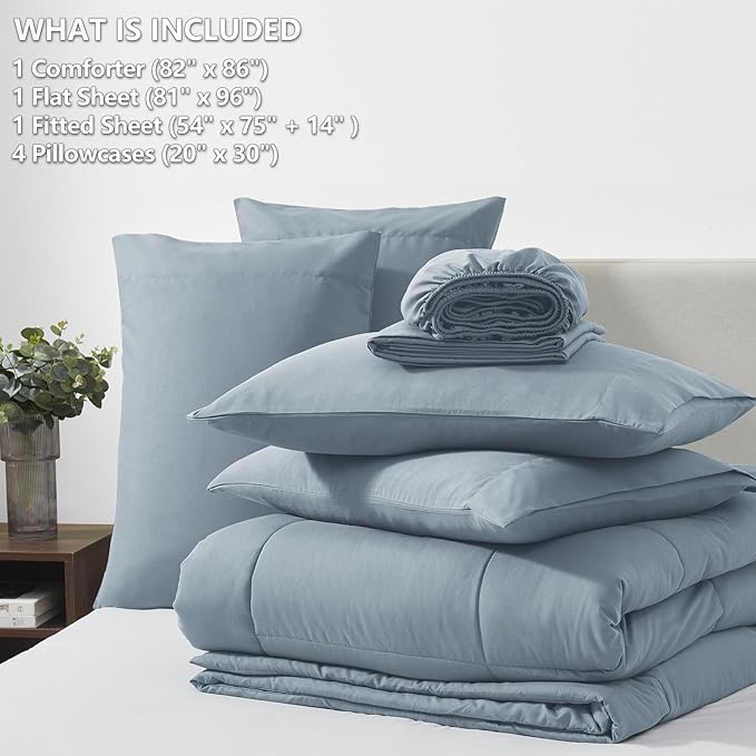 CozyLux Full Size Comforter Sets Grayish Blue, 7 Pieces Bed in a Bag, Blue Comforter Full Size, All Season Bedding Sets with Stitch Quilted Comforter, Flat Sheet, Fitted Sheet, Pillowcases