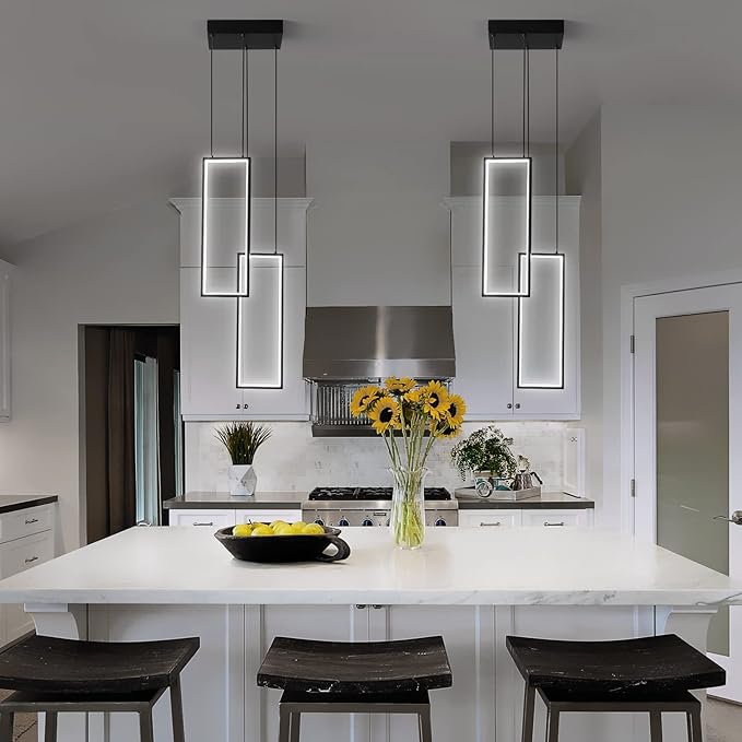 Modern Kitchen Pendant Light Fixture Black 18W LED Pendant Light 2 Rings Rectangle Chandelier Pendant Lighting for Kitchen Island Living Room Dining Room Bedroom