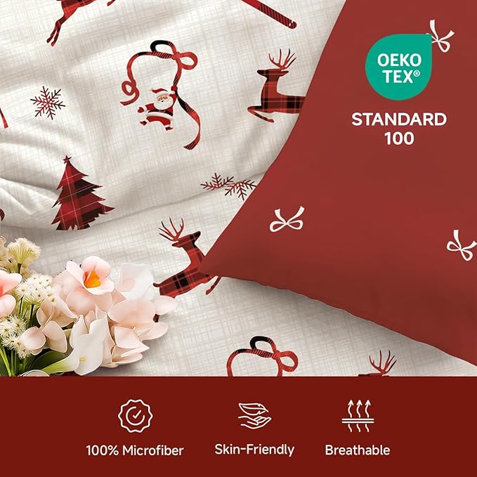 Christmas Comforter Set King Size, Christmas Bed Set with Reindeer, Bows and Santa Claus Snowflakes Bells Bedding for Holiday, 3 Pieces 1 Reversible Comforter and 2 Pillowcases