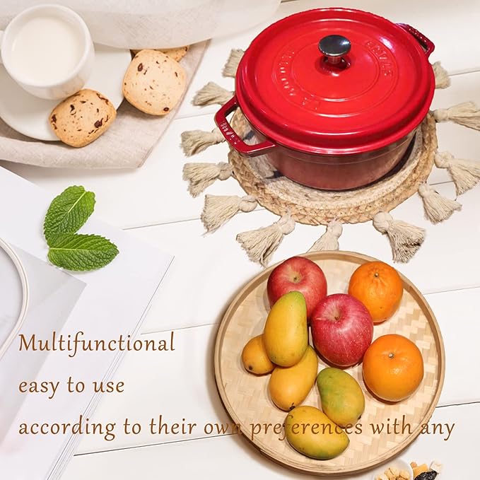 Boho Wall Basket Decor Set - Flat Woven Macrame Tapestry, Mirror White Round Tassels, Handmade Rattan Wicker Seagrass Wall Basket