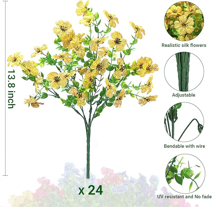 24 Bundles Artificial Flowers for Outdoors & Indoors – UV Resistant Faux Plastic Plants for Garden, Patio, Porch, Window Box, Home Decor – Lush & Vibrant Fake Flowers, Yellow