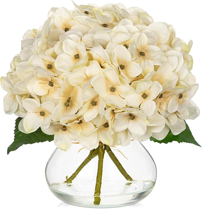 Hollyone Fall Hydrangea Artificial Flowers for Decoration with Glass Vase White Silk Fake Flower Arrangements with Faux Water Autumn Table Centerpiece Vase with Flowers Fall Decorations for Home