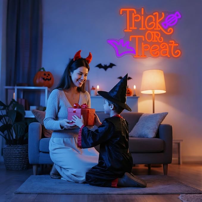 Trick or Treat Neon Sign for Wall Decor Dimmable LED Neon Halloween Light for Wall Decor, LED Halloween Light Up Sign Decor for Wall Bedroom Home Bar Halloween Party Decor Halloween Present for Trick or Treat Party Backdrop