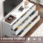 Fluted Dresser for Bedroom,9 Drawer Dresser for Closet,57" Wide Storage Cabinet and Chest of Drawers with Gold Handle,TV Stand,Storage Organizer for Living Room,Hallway,Entryway,White