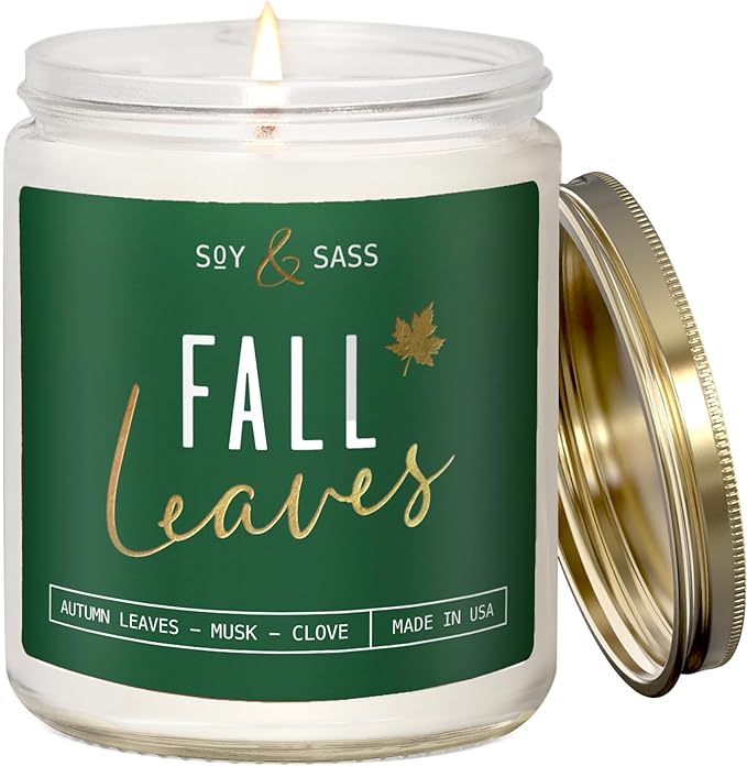Fall Candles - 'Fall Leaves' Fall Candle w/Autumn Leaves, Clove & Musk I Infused with Essential Oils I Autumn Scented Candles I Cozy Cute Autmn Décor Gifts I 9oz Jar I 50Hr Burn I Made in USA