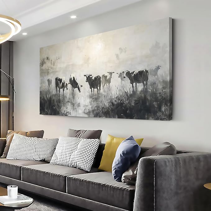 LASMOND Black and White Cow Wall Art for Living Room Ink Wash Canvas Painting Prints Morning Cattle Vintage Country Farmhouse Artwork Bedroom Office Decor (40x20 Inches)