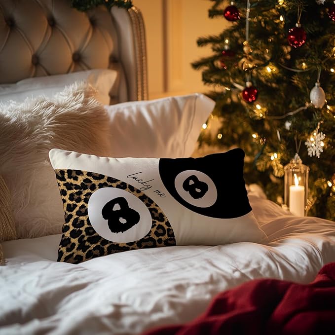Trendy Leopard Lucky 8 Ball Pillow Covers 20x12, Cheetah Leopard Print Room Decor, Funky Preppy Leopard and Black Billiards Decorative Throw Pillow Covers for Girls Dorm Apartment