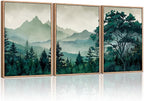 HLNIUC Green Foggy Forest Framed Canvas Wall Art Set,Watercolor Boho Pine Tree Wall Decor,Modern Misty Mountain Scenery Art Print,Nature Landscape Wall Painting for Living Room,Bedroom - 16”x24”x3