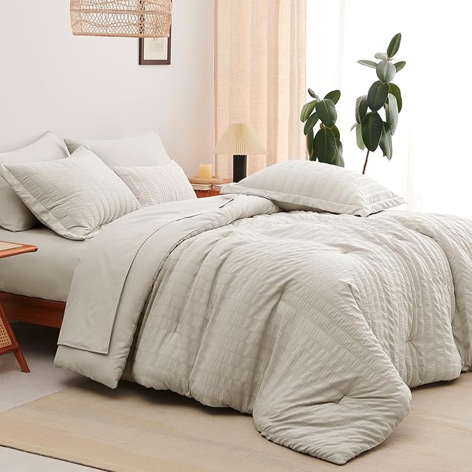 CozyLux King Size Comforter Set Beige Seersucker 7 Pieces Bed in a Bag King Comforter Set with Sheets, Luxury Soft Bedding Set with Down Alternative Comforter, Sheets, Pillowcases & Shams All Seasons