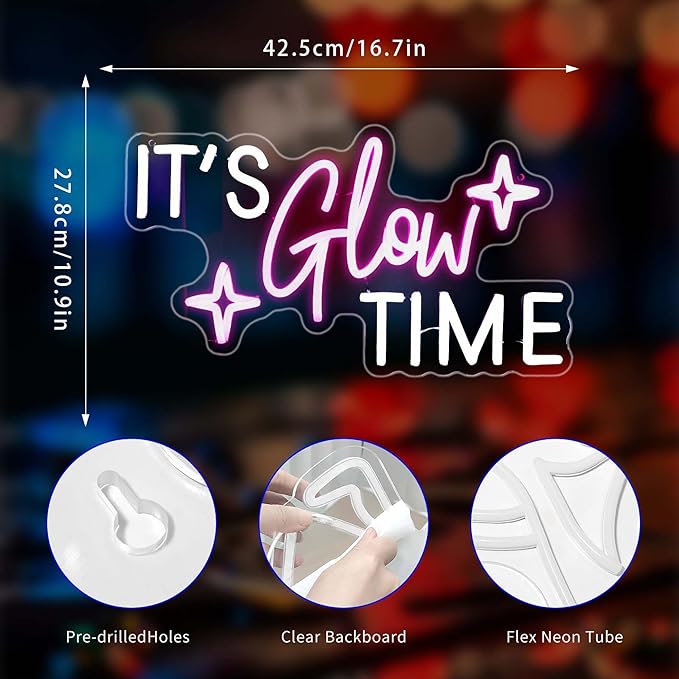 It's Glow Time Neon Sign, Neon Signs for Wall Decor Neon LED Signs Room Neon Light Up Signs Home Decor for Bedroom Club Party Bar Shop USB Operated