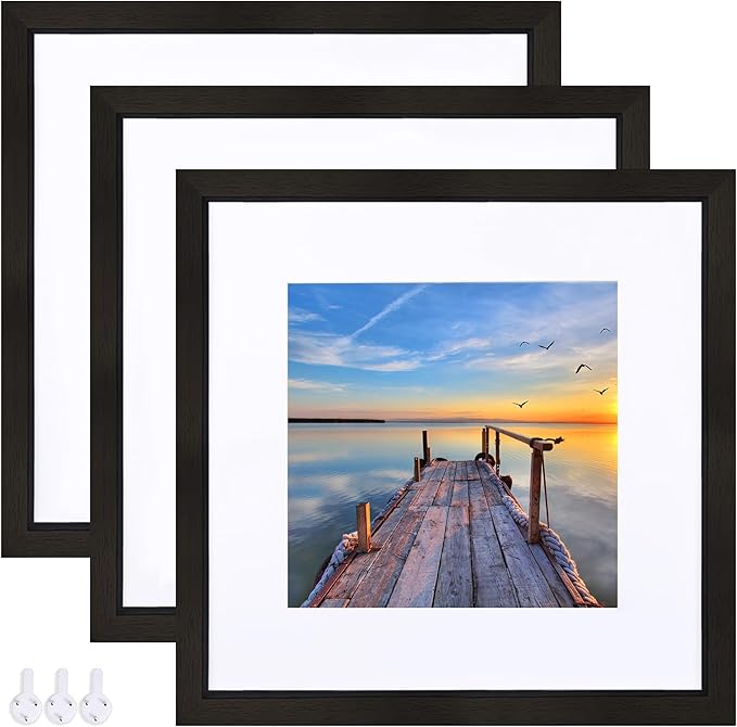 12x12 Black Picture Frame set of 3, Made of Glass and Wooden Square Photo frame - Displays Picture 8x8 With Mat or 12 x 12 Without Mat, Desktop & Wall Collage Photo Frame