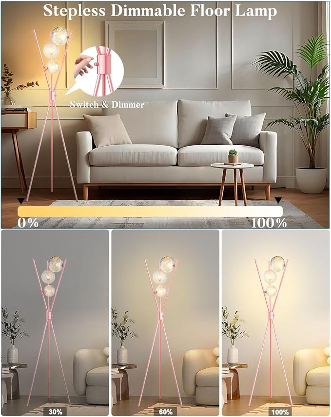 Lightdot Tripod Floor Lamp Dimmable Pink Standing Lamps with Globe Clear Glass Lampshade 3PCS 3000K G9 Bulbs Included Mid Century Modern Floor Lamp for Living Room/Bedroom