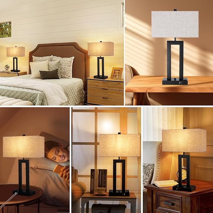 Modern Table Lamps Set of 2-22" Tall Bedside Lamps with USB-C/USB-A Charge Ports & Outlet, Stepless Dimmable Fabric Cream Shade Nightstand Lamps for Bedroom & Living Room