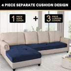 PrinceDeco Sectional Couch Covers 4 Pieces Couch Covers for Sofa Velvet Separate Couch Cover L Shape for Left/Right Chaise(3 Seater + 1 Chaise,Navy)
