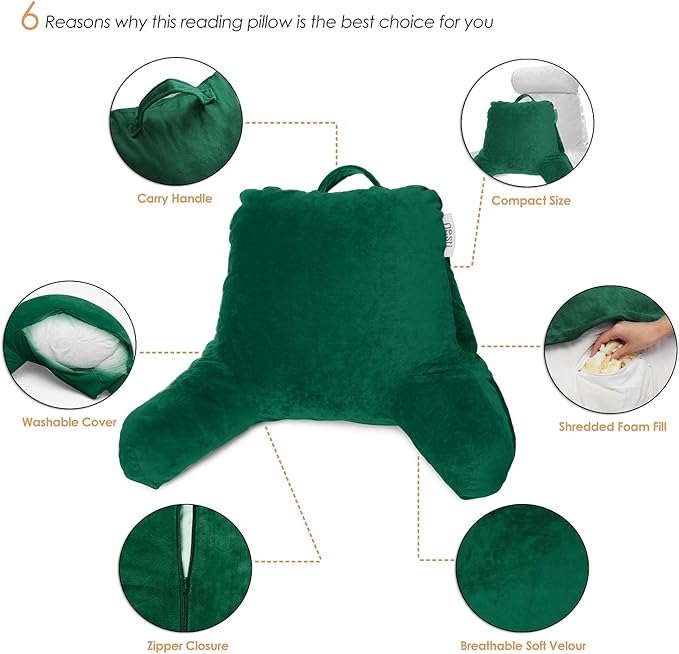 Nestl Reading Pillow for Kids, Small Bed Pillow, Back Pillow for Sitting in Bed, Memory Foam Chair Pillow, Reading & Bed Rest Pillows, Dark Green Back Pillow for Bed, Arm Pillow with Pockets