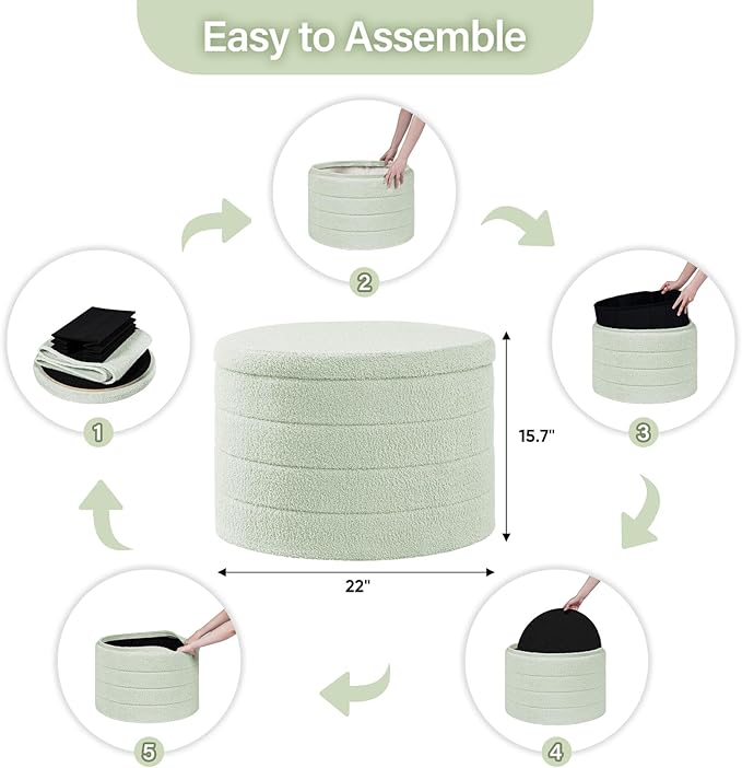 B FSOBEIIALEO Ottoman with Stroage, Round Sherpa Storage Ottoman Stool, Boucle Foot Rest22 x 22"x15.75"（Green