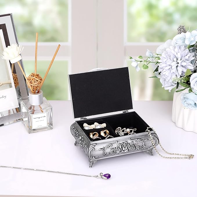 ELLDOO Vintage Music Box, Silver Metal Musical Jewelry Box Keepsake Box, Small Trinket Jewelry Storage Box Gift for Girl Women (Tune: You are My Sunshine)
