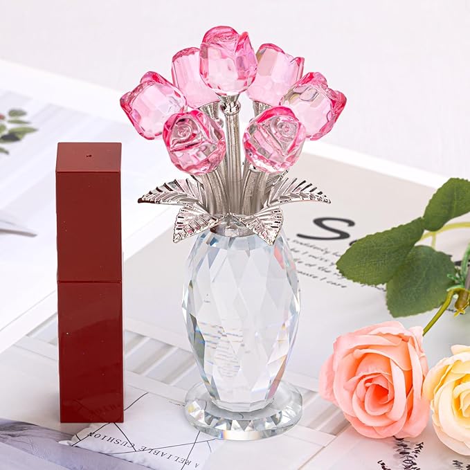 Glass Rose Flowers, Crystal Glass Figurines Rose Decorations for Home Gifts for Mom Wife Grandma, Crystal Flowers Collectible Ornament Mother's Day Thanksgiving Anniversary Birthday Gifts (Pink Rose)