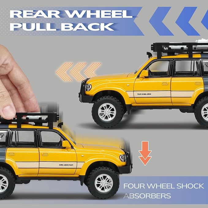 Toy Cars for Boys Diecast Cars 1 24 Scale Compatible with Land Cruiser LC80 Car Model Collectible,Pull Back Toy Car with Lights and Sounds,Toy Cars for Boys Age 4-7（Yellow）