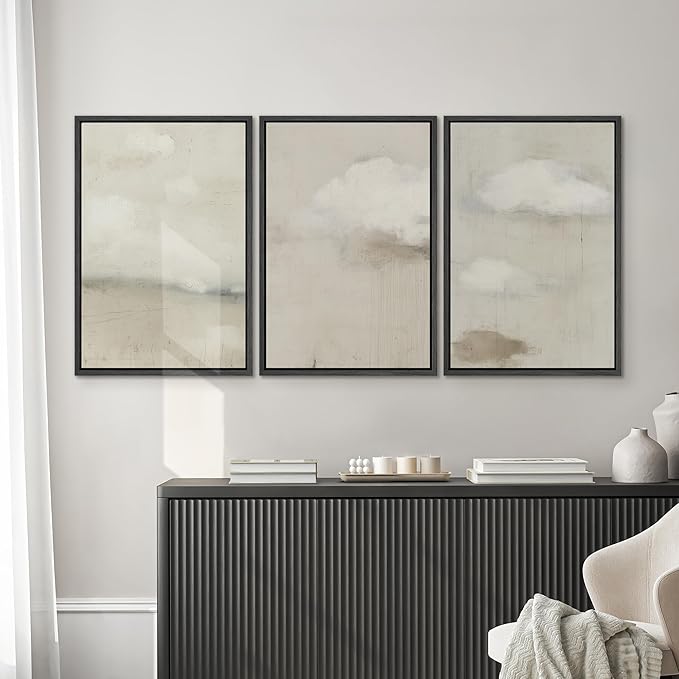 SIGNWIN Framed Canvas Print Wall Art Soft Neutral Cloudscape Minimalist Sky Photography Modern Art Minimalist Black and White for Living Room, Bedroom, Office - 24"x36"x3 Black
