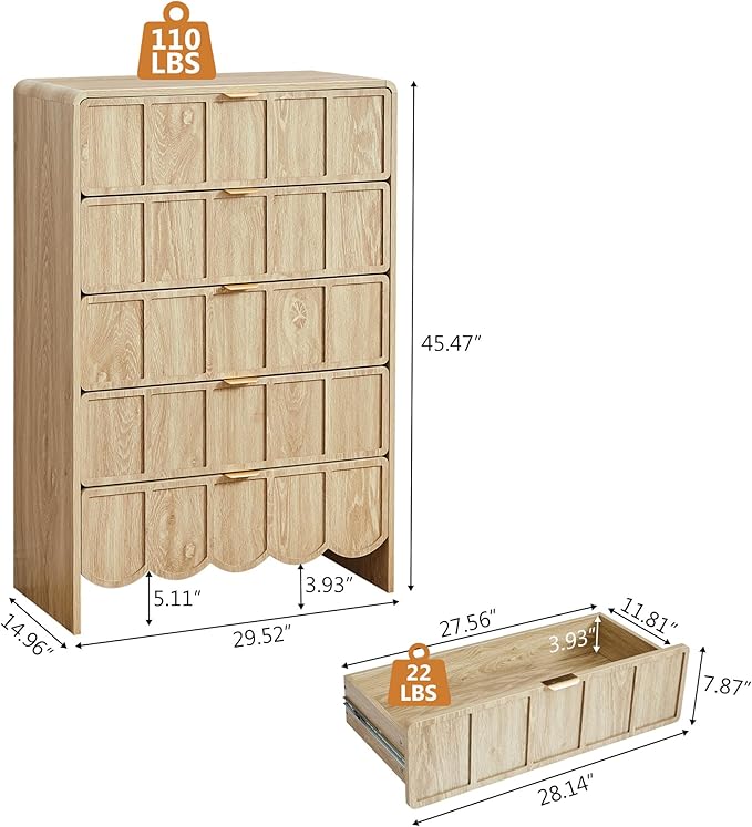 5 Drawer Dresser for Bedroom Set of 2, Modern Closet Chest of Drawers with Wave Fluted Drawer, Wood Storage Small Dresser Organizer for Nursery Bedroom Living Room Hallway Closet (Natural)